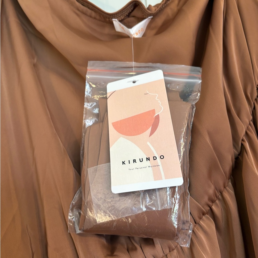 NEW Kirundo M Brown Asymetrical Long Sleeve One Shoulder Silky Maxi Dress - Picture 5 of 6